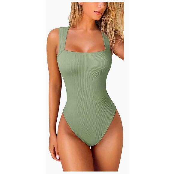 OQQ Tops - Sage Green Ribbed OQQ Bodysuit – Sleek & Sculpting One-Piece NEW/SMALL